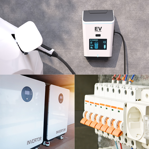Collage of three images: an electric car charging at a wall-mounted station, two large white inverter units, and a close-up of a circuit breaker panel.