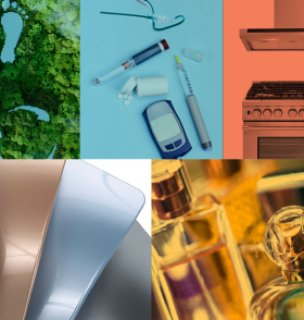 Six-panel collage showing: white footprints and recycling symbols on green moss; diabetes supplies with glucose meter and insulin pen on blue background; orange copper kitchen stove with vent hood; curved metallic panels in silver, rose gold, and gray; and glass perfume bottles glowing with golden light.