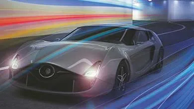A sleek sports car driving through a tunnel with colorful airflow streams illustrating advanced aerodynamics and lightweight composite materials.