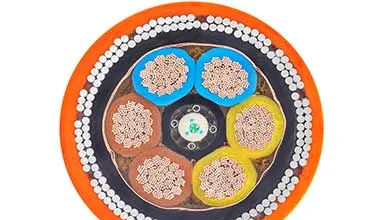 Cross-section of a thick industrial cable on a white background. An orange outer casing encloses black insulation and several small white wires. In the center, five large copper wire bundles are each insulated with blue, yellow, or brown sheaths.