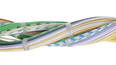 Close-up of twisted green, yellow, and white wires bundled with two zip ties on a plain white background.