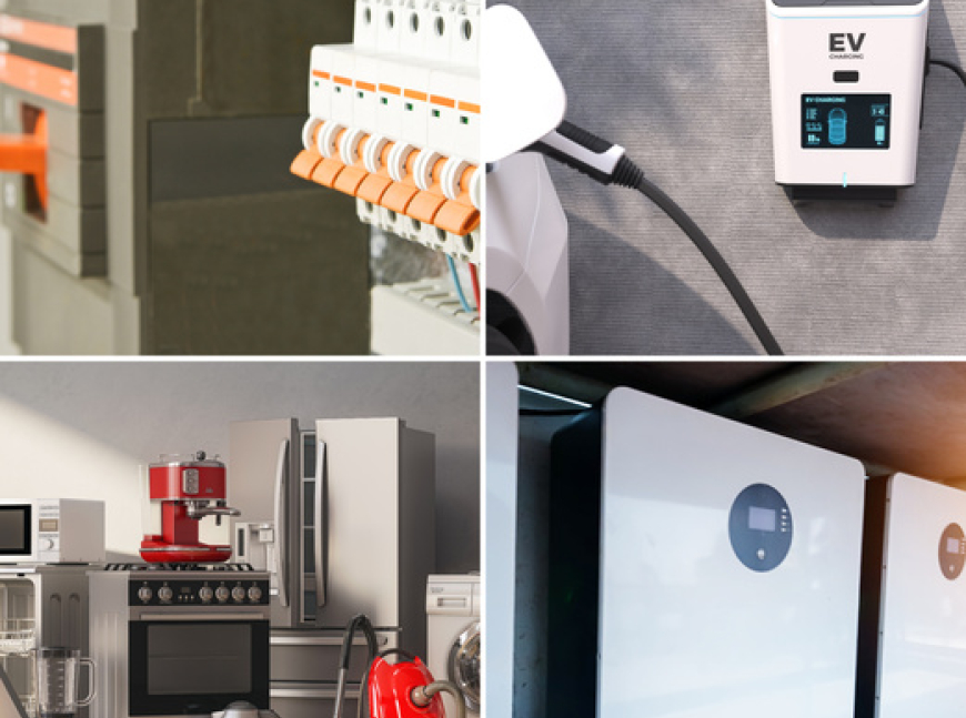 Four-panel collage showing a circuit breaker panel, an electric vehicle charging station, various home appliances, and two power inverters.