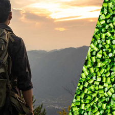 Collage of man hiking and green polymer pellets