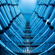 Neatly bundled blue Ethernet cables, secured with black ties, run in symmetrical rows toward network ports in a server rack, lit by cool blue overhead lights.