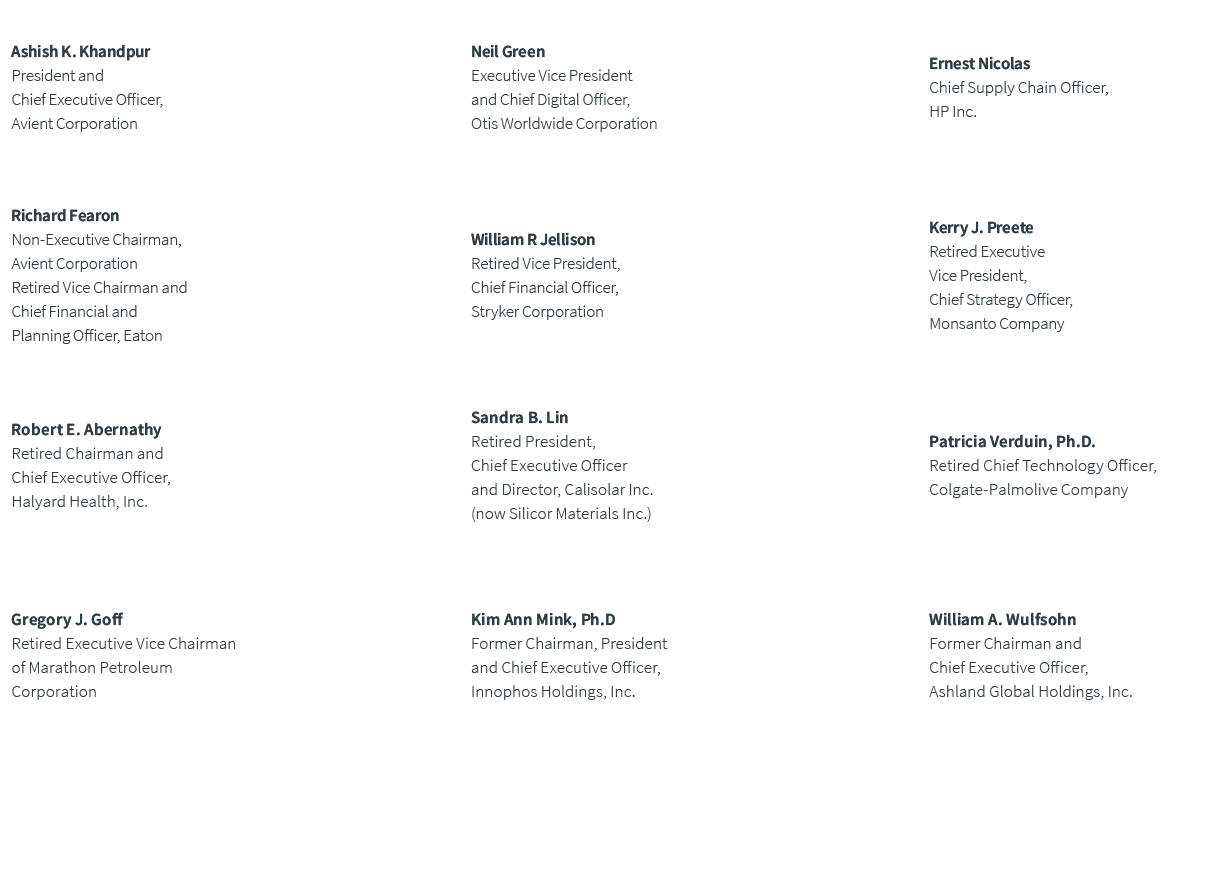 Ashish K. Khandpur President and Chief Executive Officer, Avient Corporation,,Neil Green Executive Vice President and...