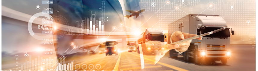 Double exposure of businessman and graph growth of business with world map of transportation and logistics network distribution and trucks of industrial cargo freight for shipping. import-export. 
